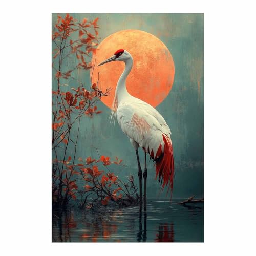 Toile grue solitaire et lune orange 70x100cm pour salon moderne