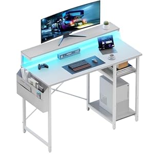 HLDIRECT Computer Desk with LED Lights, 40Inch Gaming Desk with Monitor Stand & Side Storage Shelves, Writing Study Table with Storage Bag for Home Office and Bedroom, White