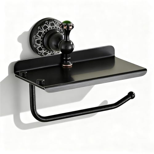 Vintage-style toilet paper holder with shelf, brass wall mount