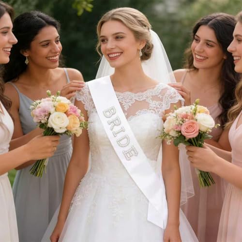 DIELOVEHUA Schärpe Braut, Frauen Bride Schärpen, Braut Schärpe Weiß mit Perlen und Strass, Junggesellenabschied Schärpen, Accessoires Frauen für Hochzeit, Bachelorette, Brautparty