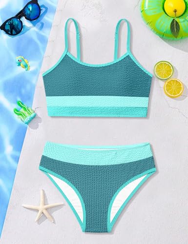 Image of Girls Bathing Suit Color-Block Adjustable Straps Bikini Sets Girls Two Piece Swimsuits with Chest Pad Swimwear 7-18T