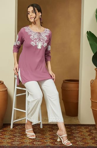 Image of Janasya Women's Purple Pure Cotton Embroidered Straight Tunic