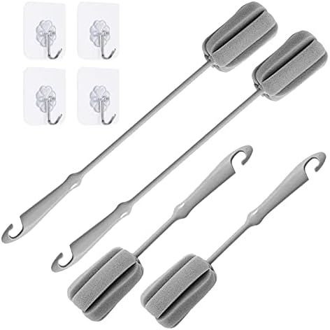 4 Pack Soft Sponge Bottle Cleaner Brush, Grey Plastic Handle Wine Glass Cup Brush Scrubber, Washing Brush Vase Bottle Pot Cleaning Brush with Traceless Hook, Long and Small Size 10” 15”