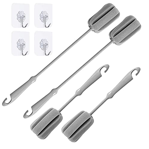 Image of 4 Pack Soft Sponge Bottle Cleaner Brush, Grey Plastic Handle Wine Glass Cup Brush Scrubber, Washing Brush Vase Bottle Pot Cleaning Brush with Traceless Hook, Long and Small Size 10 inch 15 inch