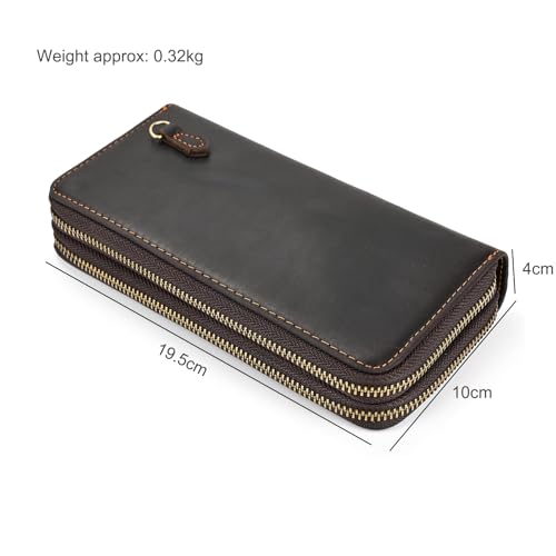 LUUFAN Genuine Leather Wallet Double Zipper Long Wallet Large Capacity Purse Clutch Bag Handbag Pouch Cash Cards Checkbook Wallet, Dark Brown — view 2