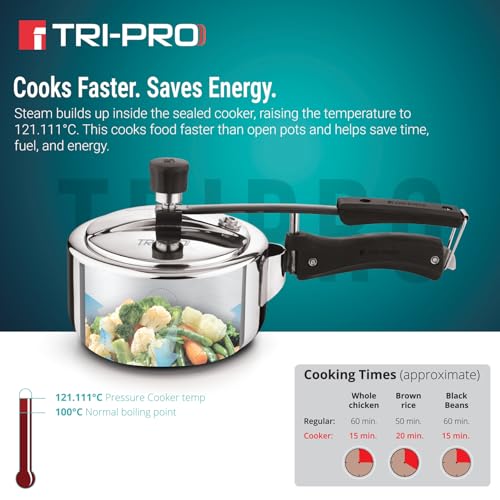 Image of Tripro Triply Stainless Steel Inner Lid Pressure Cooker, 2 Litres Pressure Cooker, Even Heat Distribution, Bakelite Sturdy Handle, Healthy Cooking, Easy to Clean - Induction and Gas Stove Ready