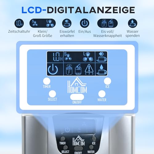 HOMCOM Eiswürfelmaschine, Eiswürfelbereiter 9 Eiswürfel in 6-10 Min., 12kg/24h, Ice Maker mit 2L Wassertank, LCD-Display, Selbstreinigungsfunktion, für Party, Küche, Büro, Bar, Silber 6 HOMCOM Eiswürfelmaschine, Eiswürfelbereiter 9 Eiswürfel in 6-10 Min., 12kg/24h, Ice Maker mit 2L Wassertank, LCD-Display, Selbstreinigungsfunktion, für Party, Küche, Büro, Bar, Silber