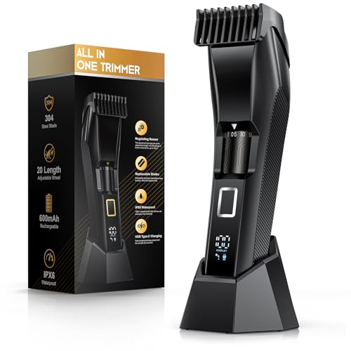 NAUQUOHZ Men's Beard Trimmer-All-in-One Mustache Trimmer with 20 Length Adjustable, Stainless Steel T-Blade for Precision Facial Hair Trimming Cordless IPX7 Waterproof Wet/Dry Clipper,LED Display