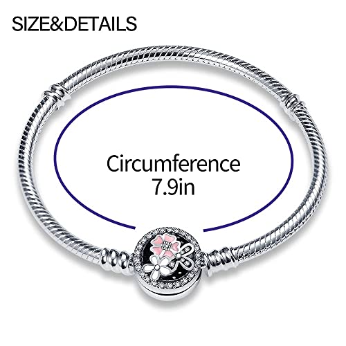Kunsir Charm Bracelet Fit Charms- 925 Sterling Silver Basic Snake Chain Bracelet For Women Girls, Iconic Bracelet With Magnolia Bloom Charm Cubic Zirconia Sparkling Round Clasp Charm Clear Cz #TOP2