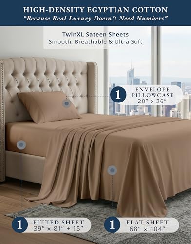 Image of LANE LINEN Twin XL Cotton Sheet Sets 100% Egyptian Cotton Sateen - Taupe | Twin XL Sheets Cute - 3-Piece Set, Ideal For Dorms And Adjustable Beds, Long-Staple Egyptian Cotton, Luxe Sheen,