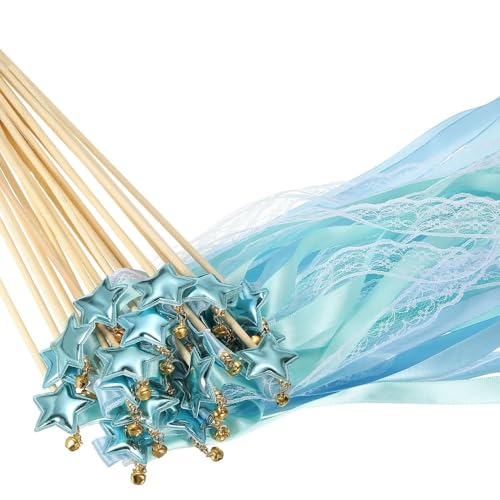 Image of 24 Pack Fairy Wands, Ribbon Lace Fairy Wands with Bells, Decorative Silk Stick with Streamers for Wedding Birthday Party, Pretty Pentagram Ribbon for Girls