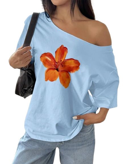Image of SXV STYLE Women's Off Shoulder Top, Yellow, Orange Floral Print, 3 /4 Sleeve, Casual Loose Fit