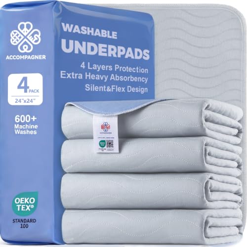 Image of Accompagner Incontinence Bed Pads Washable Waterproof, Ultra-Absorbent Reusable Underpads for Diaper Changing, Nursing, Bedridden, Adults, Seniors, Kids and Dogs (Pearl Gray, 24 inchx24 inch(Pack of 4))