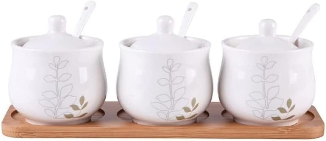 Salt and Sugar Container Sets Ceramic Seasoning Bottle Set with Spoon Lid and Wood Tray Seasoning Jar Set Hand-Painted Seasoning Box Set Kitchen Counter,A-3pcs