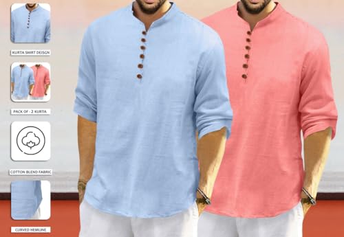 Image of ROYALSCOUT Men's Cotton Polyester Blend Solid Regular Fit Full Sleeve Short Kurta | Ethnic, Lightweight Summer Kurta for Daily & Occasion Use