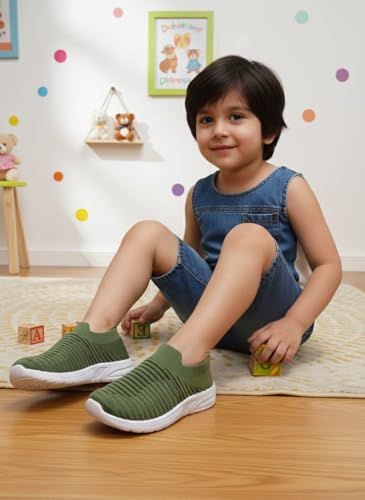 Image of Kids Slip-On Knit Sneakers, Olive Green, Lightweight Walking Shoes with White Sole