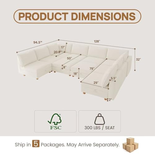 Image of 128 inch Modular Sectional Sleeper Sofa Bed with Storage & Washable Covers, 10-Seater Chenille Modular Sofa Bed with Movable Ottoman Chaise, Convertible Sleeper Sectional Couches for Living Room, Beige