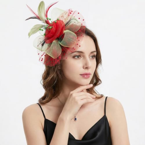 Image of DRESHOW Fascinators Hat Flower Mesh Ribbons Feathers on a Headband and a Clip Tea Party Headwear for Girls and Women