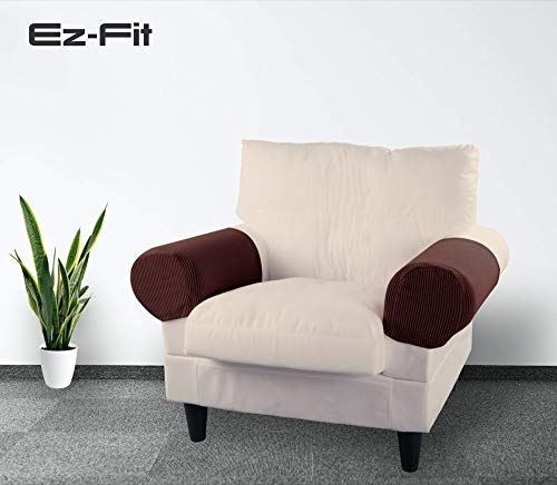 2 Pairs Of Anti-Slip Spandex Stretch Fabric Sofa Armrest Cover Set Slipcover,Armchair,Couch Protector For Upholstered Furniture Fitted Jacquard Design Material |Strapless With Free Pins (Dark Brown) #TOP1