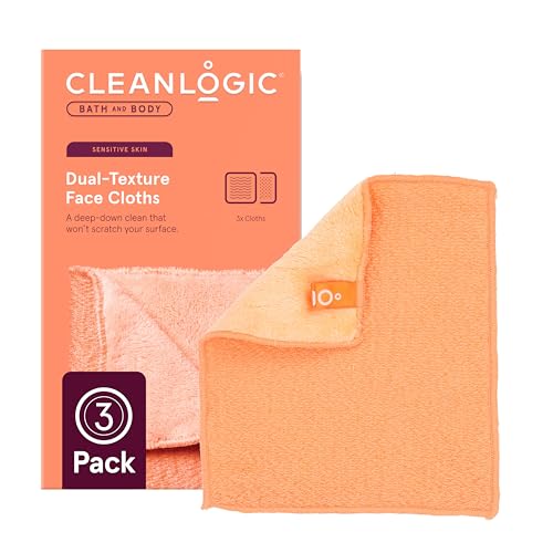 Cleanlogic Bath & Body Exfoliating Dual-Texture Face Cloths, 3 Pack, Premium Quality Facial Wash Cloths for Cleansing Sensitive Skin