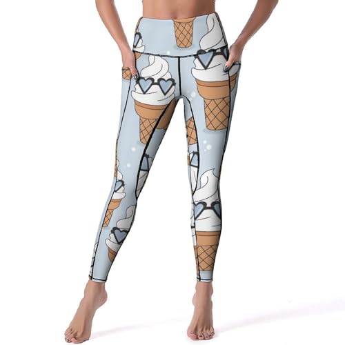 Damen-Leggings mit hoher Taille, Comic-Eiscreme bedruckt, bequeme Yogahose mit Taschen, Stil 20, M