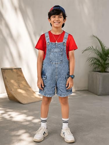 Image of KiddoPanti Unisex Denim Cargo Dungaree Shorts | 69.1% Cotton 29% Spun Poly 1.9% Spandex | Above Knee Length | Soft Breathable Summer Dungaree