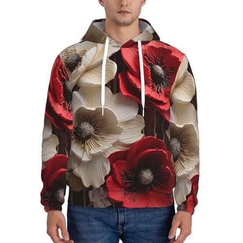 Men's Fleece Pullover Hoodie Long Sleeve Hooded Red and White Flowers Sweatshirt Casual Shirts With Pockets2