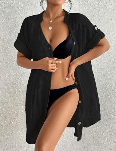 Bsubseach Beach Cover Up for Women Button Down Tunic Dress V Neck Swimsuit Bikini Coverups Casual Summer Outfits - Image 3