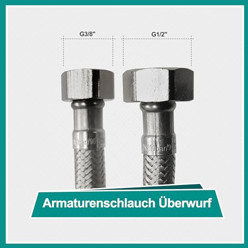 JOHO 2 Stück Armaturenschlauch für den Anschluss eines Wasserhahns Überwurf 1/2 Zoll IG x 3/8 Zoll IG x 500 mm | Flexschlauch | Verbindungsschlauch Chrom