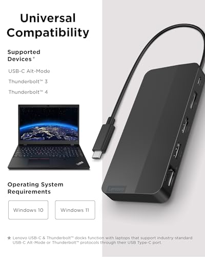 Image of Lenovo USB-C Dual Display Travel Dock w / 100W Power Adapter - 7 Ports, Integrated USB-C Cable, Universal Compatibility, Dual Displays at 4K - Black