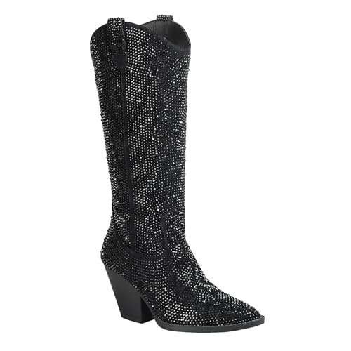 Women's River-11 Rhinestones Cowboy Knee High Boots, Black, 6