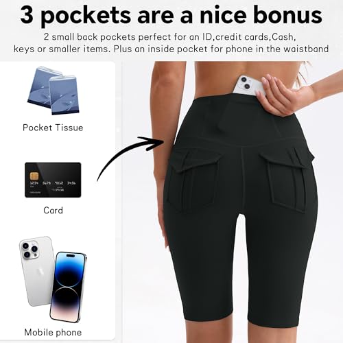 Women Biker Shorts with 3 Pockets Booty High Waisted Tummy Control Spandex Yoga Shorts Workout Gym Running Black2