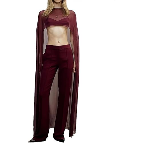 Amiblvowa Women Chiffon Capelet Sheer Mesh Bridal Cape Shawl Wraps Asymmetrical High Low Flowy Wedding Party Cover Up Poncho (Red, ONE SIZE)