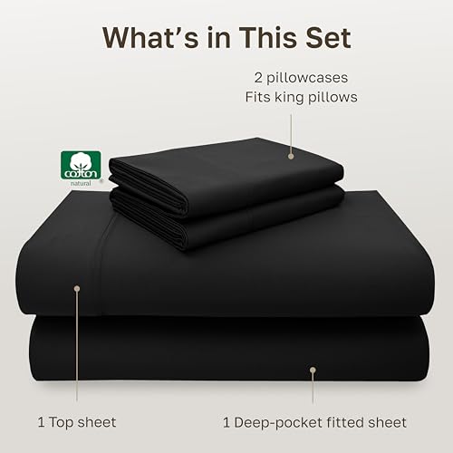 Image of California Design Den King Sheet Set - Luxury 600 Thread Count Sateen, Natural 100% Cotton, Fully Elasticized Deep Pocket King Bed Sheets, Crisp, Cool and Durable Hotel Quality Bedding - Black