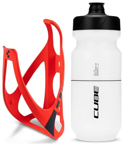 Cube HPP Cage - Red/Black & Flow Bottle - Clear, 500ml / Water Drink Flask Vessel Bidon Holder Mount Bracket Kit Lightweight Plastic Drinking Hydration Biking Bike Riding Frame Accessories