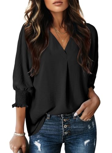 Dokotoo Women Blouses Dressy Casual V Neck 3/4 Length Sleeve Womens Tops with Smocked Cuffs