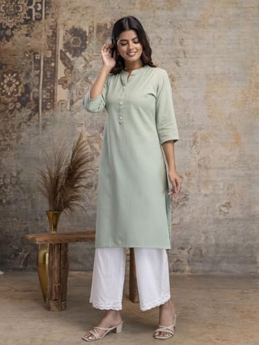 Image of feranoid Women's Plain Cotton Kurta with Mandarin Collar, 3 /4 Sleeves & Pocket
