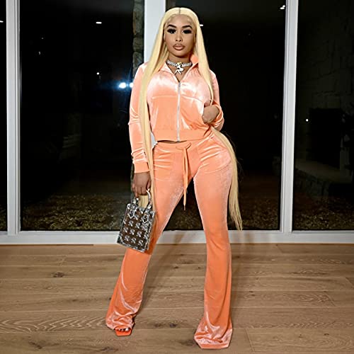 Ccigo Women's 2 Piece Outfits Velvet Sweatsuits Zip-Up Jacket Casual Jogger Tracksuit Set With Pockets Small Orange #TOP3