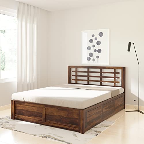 Image of Solid Sheesham Wood Meliora Queen Size Bed with Box Storage Wooden Double Bed Palang Cot for Bedroom, Living Room, Hotel and Home (Natural Finish)