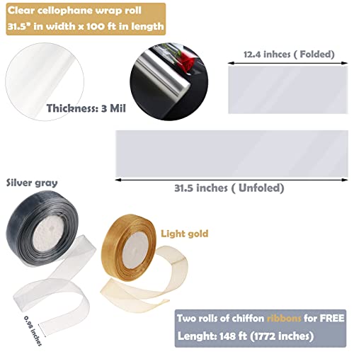 Clear Cellophane Wrap Roll 31.5” Wide X 100 Ft Long, 3 Mil Thick Plastic Cellophane Wrap For Gift Baskets Heavy-Duty Transparent Wrapping Paper For Flower Bouquets Large Cellophane Wrap Sheets For Arts & Crafts Food Safe, 2 Rolls Ribbons Included #TOP1