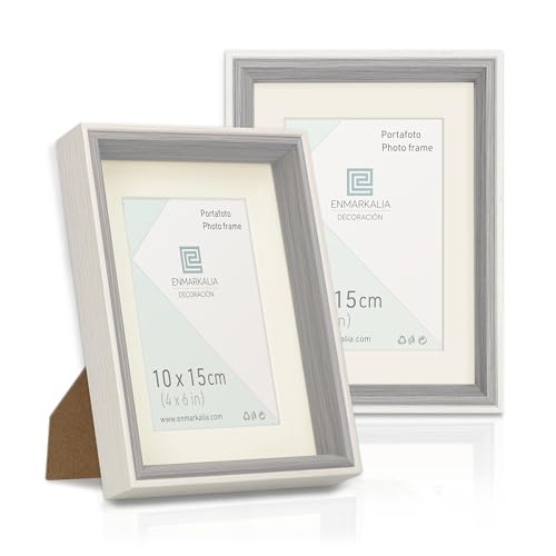 ENMARKALIA DECORACION Pack x2 Portafotos 10x15 cm SIN paspartu y 7x10 cm CON paspartu, color Blanco - Gris, con paspartu, soporte de pie y para colgar (Blanco Gris X2 Uds.)