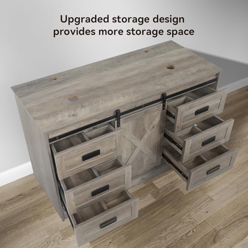 48-Barn-Door-Bathroom-Vanity-with-6-Drawers-Farmhouse-Style-Standing-Pedestal-Cabinet-with-Two-Black-and-White-Ceramic-Sinks 48 Barn Door Bathroom Vanity with 6 Drawers Farmhouse Style Standing Pedestal Cabinet with Two Black and White Ceramic Sinks