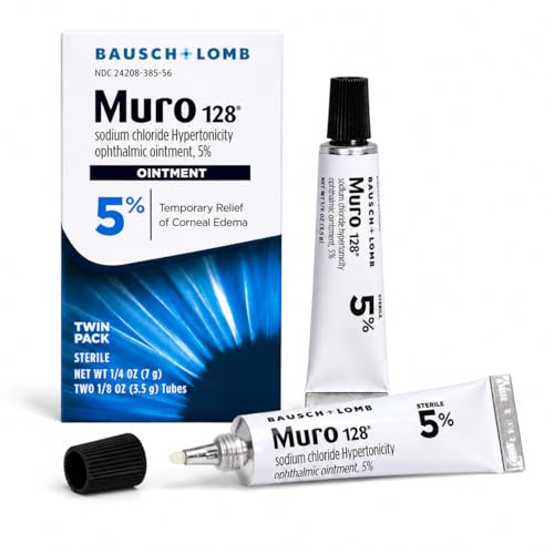 Bausch + Lomb Muro 128 Ointment Temporary Relief of Corneal Edema Eye Care Sodium Chloride Hypertonicity Ophthalmic 5% Ointment Twin Pack Two 3.5 g (0.12 Oz) Tubes 0.25 Ounce Total