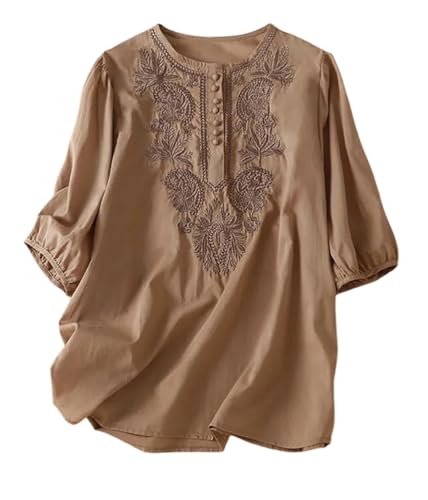 shownicer Chemisier Coton et Lin Manches Courtes pour Femme Blouses Ample Col Rond Tunique D'été Boho Vintage Broderie Top Hauts Lâche Respirant Grande...