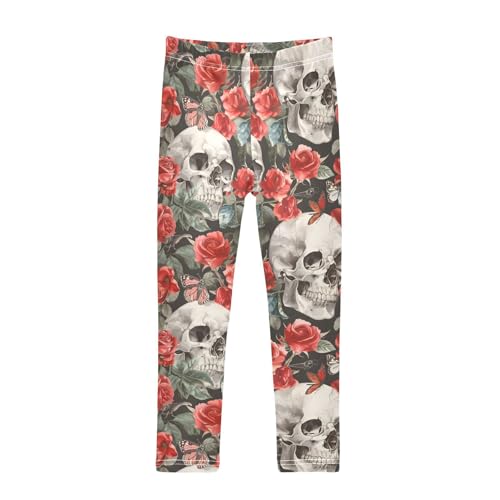 Vintage Skull Rose Girls Leggings Ultra Soft Compression Yoga Gym Pants for Kids 4-10T