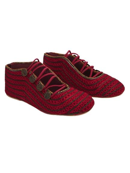 Ethnic Velvet Juttis, Red, Embroidered Pattern, Traditional Indian Footwear, Decorative Buttons, Slip-On Style-image-15