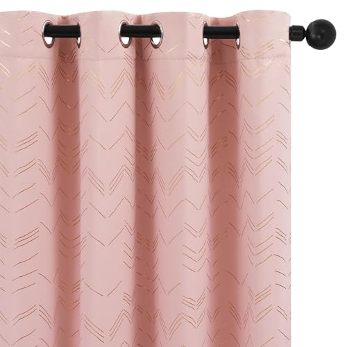 Deconovo Kids Blackout Curtains Gold Zigzag Lines Foil Printed Thermal Eyelet Curtains for Bedroom 46 x 90 Inch Coral Pink 2 Panels