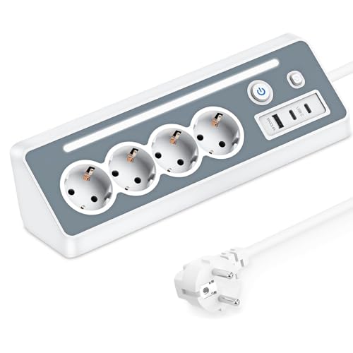 Multipresa angolare con USB e 2 Type-C, Presa multipla a 4 vie con luce LED, protezione da sovratensioni 3680W 16A, Ciabatta elettrica con Cavo 1.5 m e Interruttore, per cucina ufficio e casa