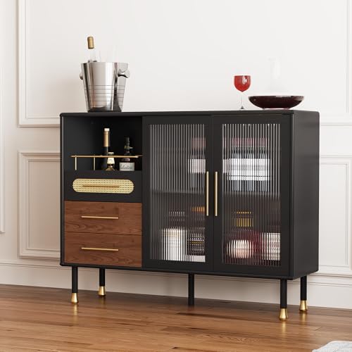 Image of ARTPOWER 48 inch Coffee Bar Cabinet with Wine Racks and Drawers, Modern Buffet Sideboard with Pull-Out Wine Storage, Liquor Bar Cart for Kitchen, Dining Room, Living Room (Black)