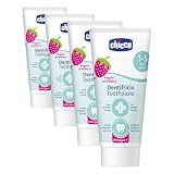 Chicco Dentifricio Bambini alla Fragola Delicato sui Dentini, Bassa Abrasività, con Fluoro e Xilitolo, Senza Conservanti, Contrasta la Formazione delle Carie e Rimuove la Placca - 50 ml, 1+ Anni